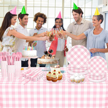 176 PCS Light Pink Gingham round Plates and Napkins, Pink Checkered Disposable Plates Set with Napkins Cups Plastic Spoons Forks Knives for Dinner Birthday Baby Shower Wedding Supplies Serve 25 Guests