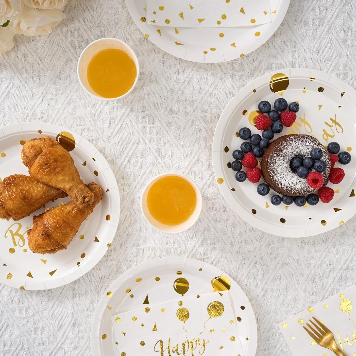 Happy Birthday Paper Plates Set, 175 PCS Disposable Dinnerware Set for 25 Guests, White Gold Dot Paper Plates Napkins Cups Gold Plastic Forks Knives Spoons for Birthday Party Decor