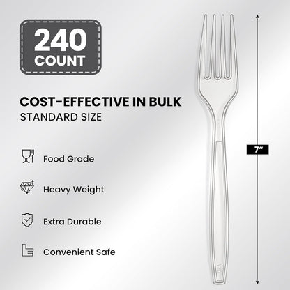 240 Count Extra Heavy Duty Clear Plastic Forks, Solid and Durable Premium Disposable Forks - Bpa-Free & Heat Resistant Plastic Cutlery Utensils for Parties, Events and Everyday Use