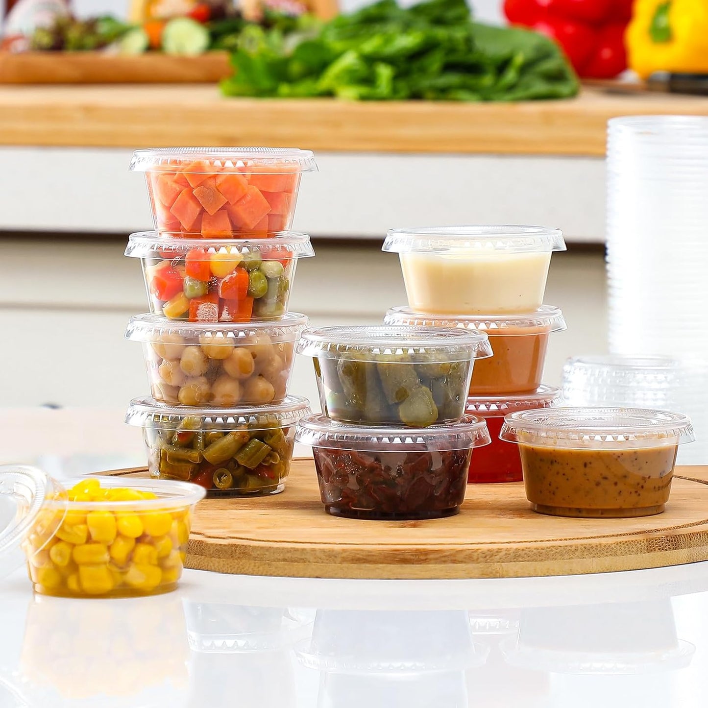 400 Set 2 Oz Jello Shot Cups with Lids, Stackable Food Safe Disposable Plastic Portion Condiment Dipping Sauce Cups, Small Containers for Salad Dressing