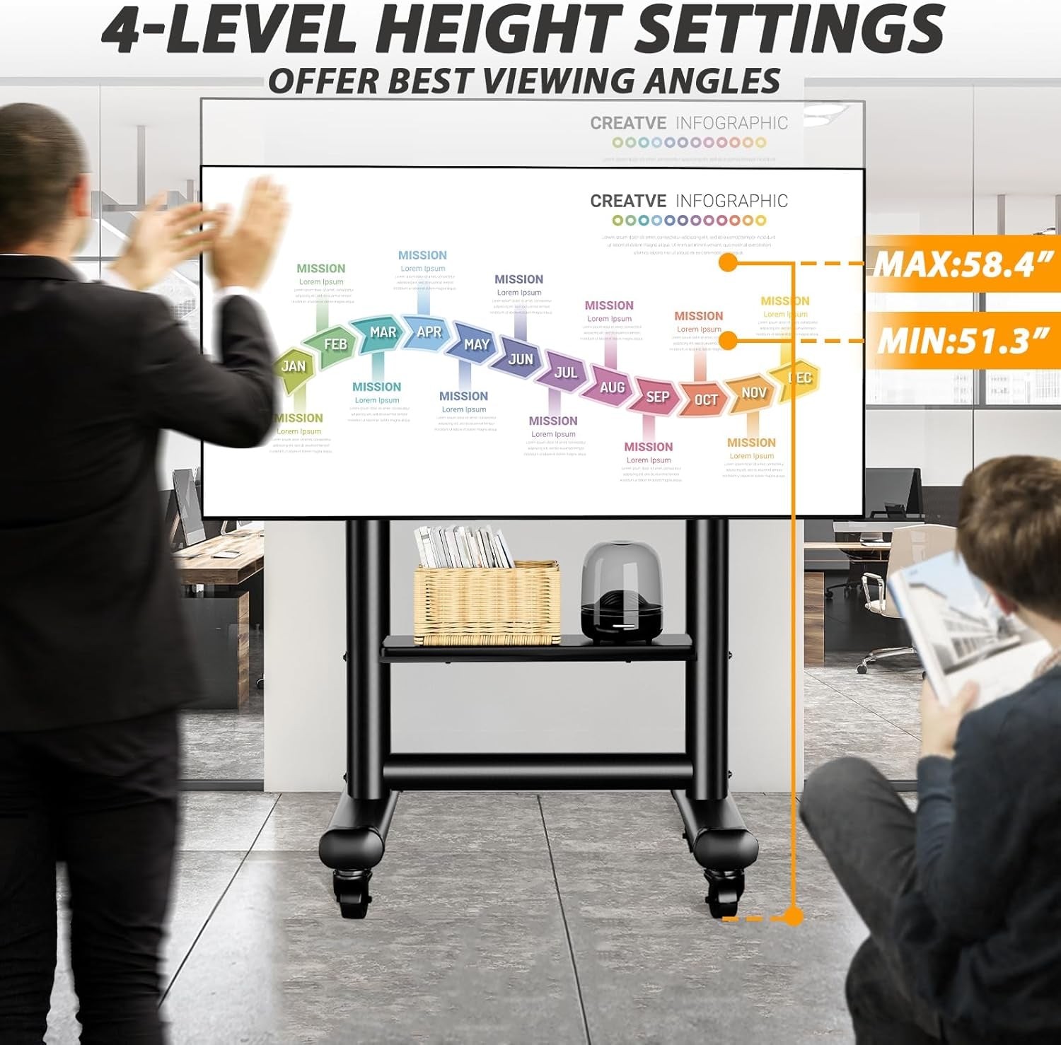 Heavy Duty Rolling TV Stand for 50-92 Inch Large Tvs up to 200 Lbs, Height Adjustable Mobile TV Stand with Shelf, Upgraded Portable TV Stand on Wheels for Living Room, Office, Trade Show