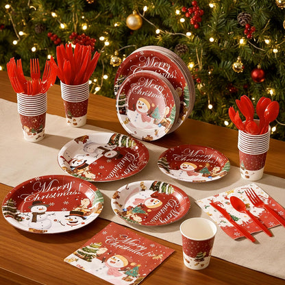Christmas Paper Plates Set, 350 PCS Santa Gifts and Snowman Party Supplies, Disposable Dinnerware Set for 50 Guests, Paper Plates Napkins Cups for Christmas Eve
