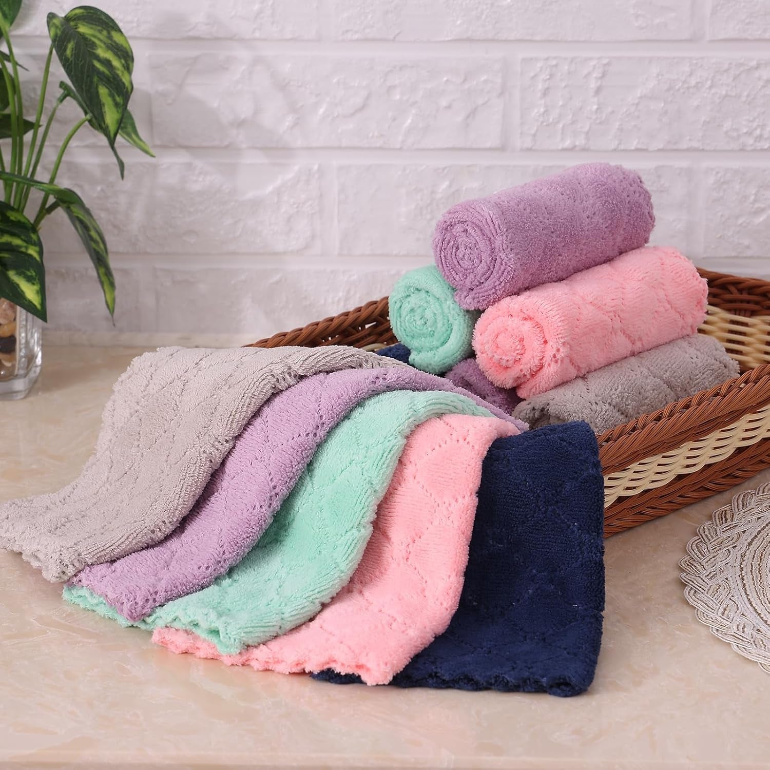 Kitchen Towels - 16 Pack Cotton Terry Checkered Black 13 X 28 Inches & 12 Pack Coral Velvet 10 X 10 Inches Grey