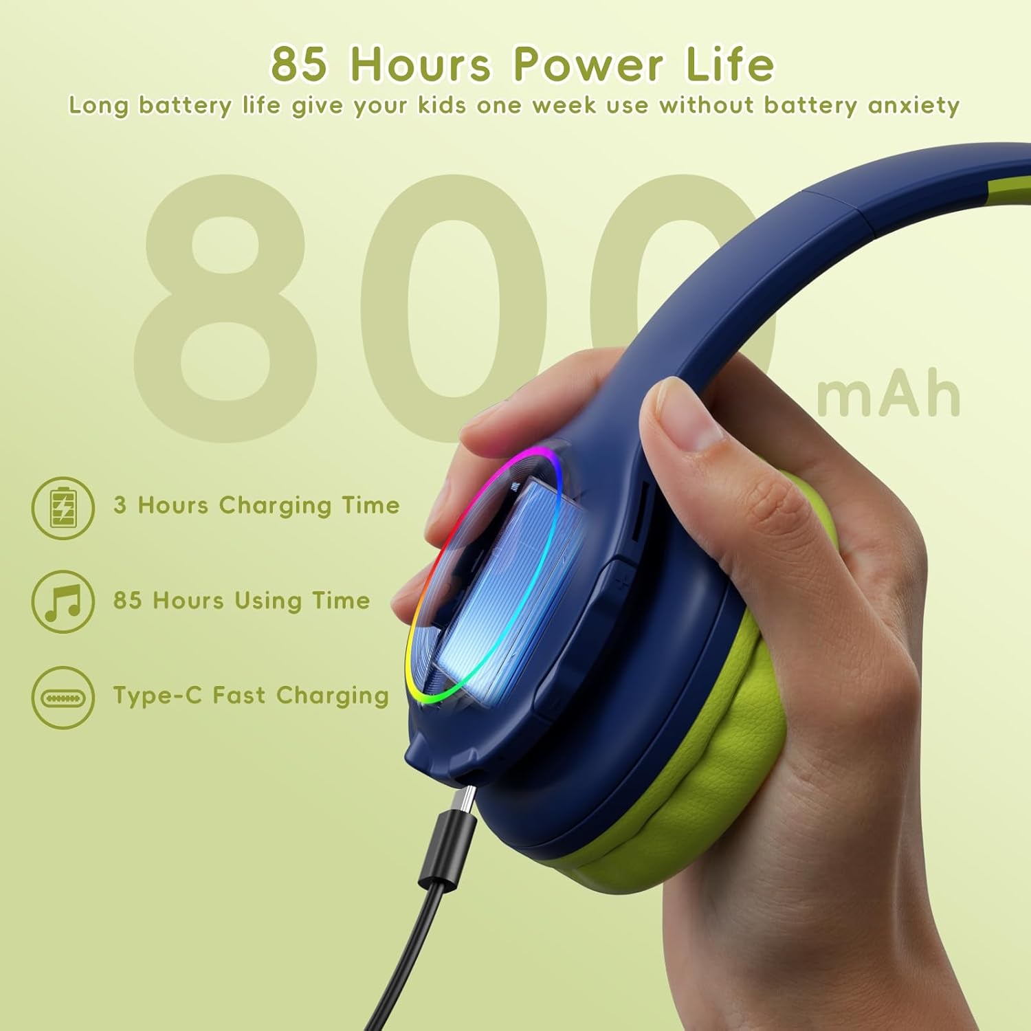 Kids Bluetooth 6.0 Headphones with LED Light, 85Hours Playtimes, Type-C Fast Charging, 85/94Db Volume Limited, Wireless Headphones with Built-In Mic, Wired & TF Card Mode, Blue and Green