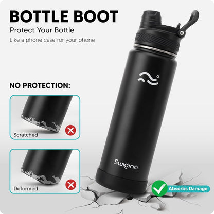 [2-IN-1 LID] Insulated Water Bottle with Silicone Boot (36Hrs Cold/18Hrs Hot) - DIY Stickers, Leakproof, BPA Free, Black, 24 Oz
