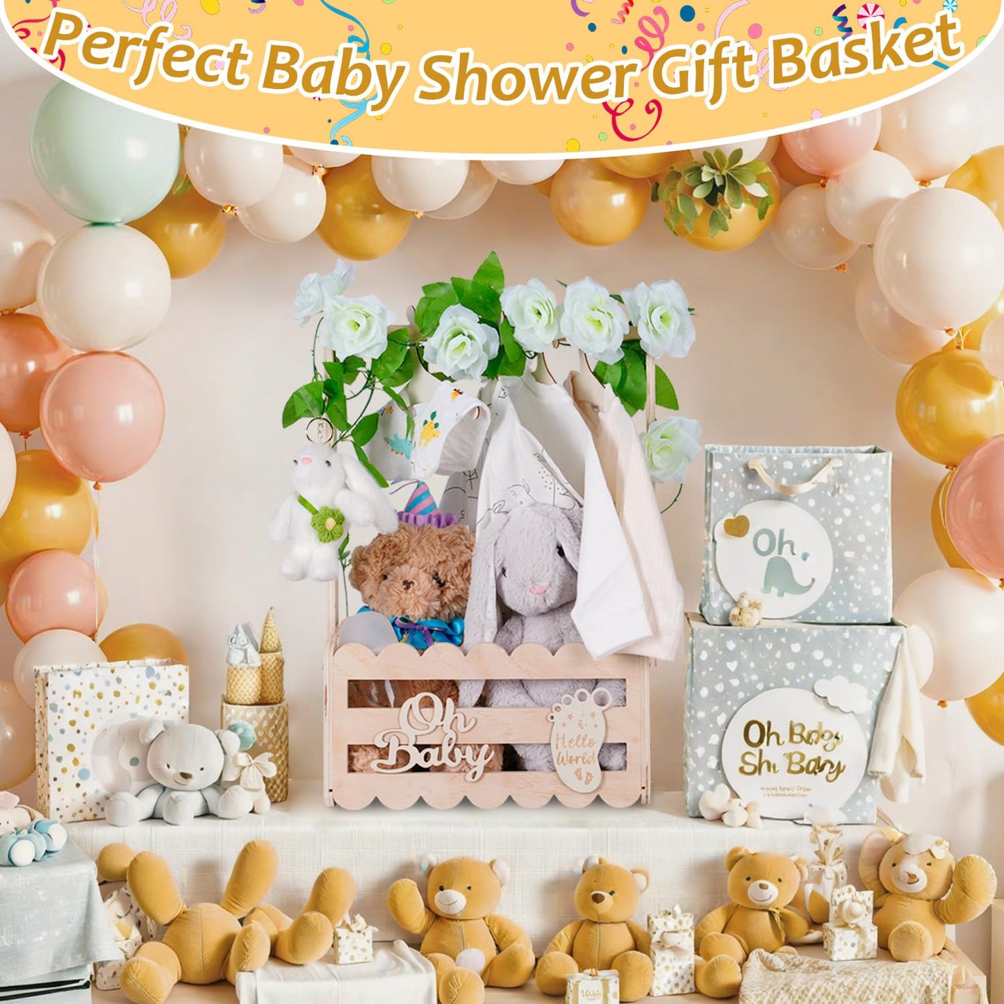 Wooden Baby Shower Crate Closet with Handle,Storage Basket,Baby Clothes Hangers, Newborn Boy Girl Welcome Gift Basket