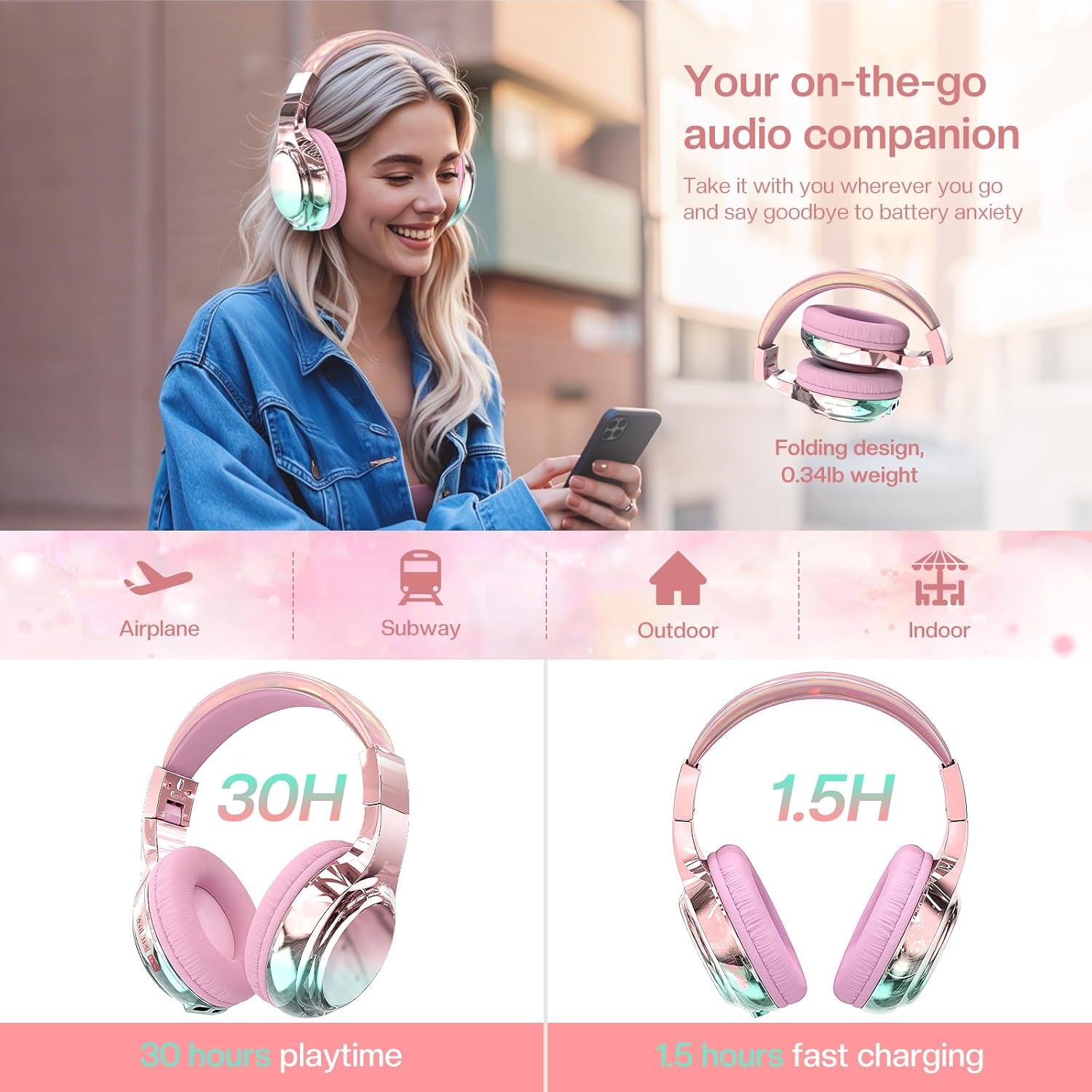 Kids Bluetooth 5.3 Headphones, Wireless Metallic Gradient Headset, Lightweight Foldable on Ear Headphones with Aux Cord, Fast Charging, Built-In Mic, for School/Travel/Tablet/Ipad
