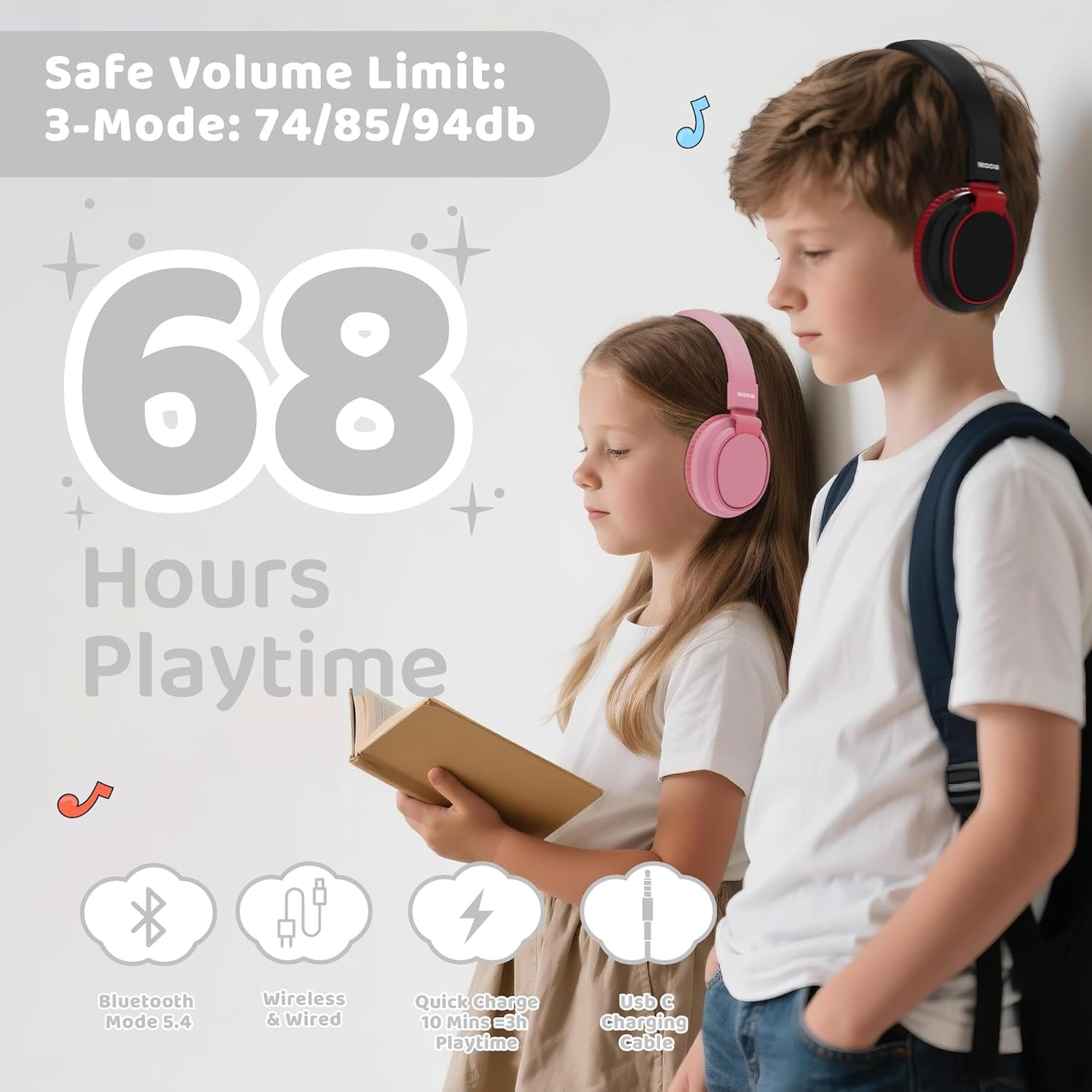 Kids Headphones Bluetooth 5.3 Wireless 60H Play Time Volume Limited 85/110Db over Ear Foldable Protection Headset/Wired Aux Built-In Mic for Boy Girl Travel School Pad Tablet Black