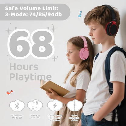 Kids Headphones Bluetooth 5.3 Wireless 60H Play Time Volume Limited 85/110Db over Ear Foldable Protection Headset/Wired Aux Built-In Mic for Boy Girl Travel School Pad Tablet Black