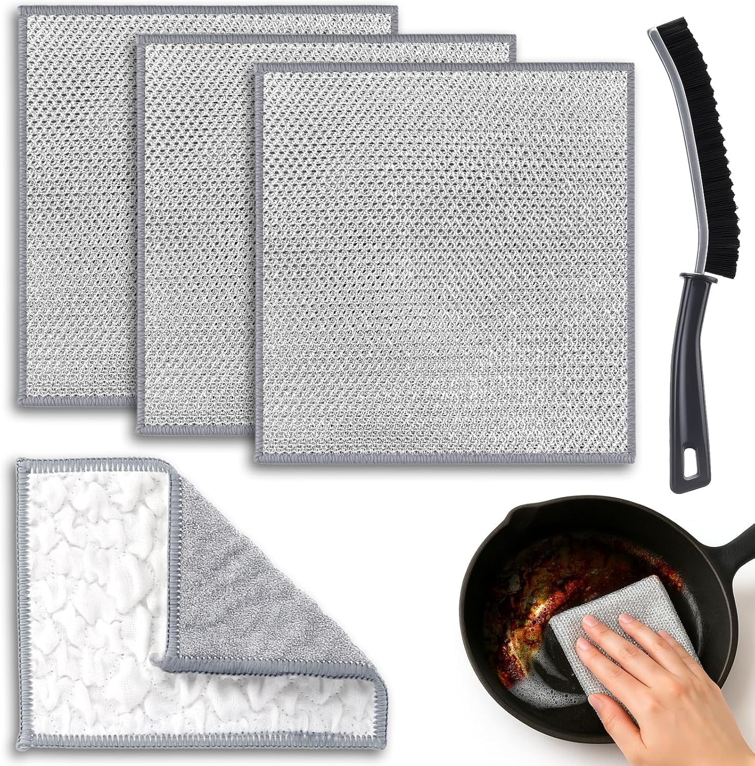 Cast Iron Scrubber Cleaner Kit, Metal Scrubber for Dishes, Skillet, Pots, Pan, Griddles, Reusable 3-Layer Non-Scratch Wire Dishcloth for Kitchen, Stove Top, Dishes and Sink