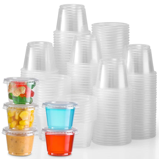 [130 Sets - 1 Oz ] Jello Shot Cups, Small Plastic Containers Lids, Airtight and Stackable Portion Cups, Salad Dressing Container, Dipping Sauce Cups, Condiment Cups Lunch, Party to Go, Trips