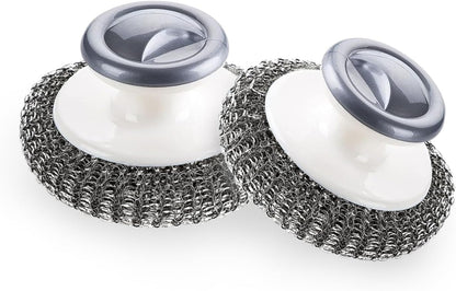 2Pcs Stainless Steel Scrubber with Handle, Steel Wool Scrubber Tool for Cleaning Dishes, Scrubbing Scouring Brush Pad for Kitchen Pots, Pans, Sink