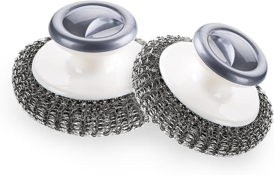 2Pcs Stainless Steel Scrubber with Handle, Steel Wool Scrubber Tool for Cleaning Dishes, Scrubbing Scouring Brush Pad for Kitchen Pots, Pans, Sink