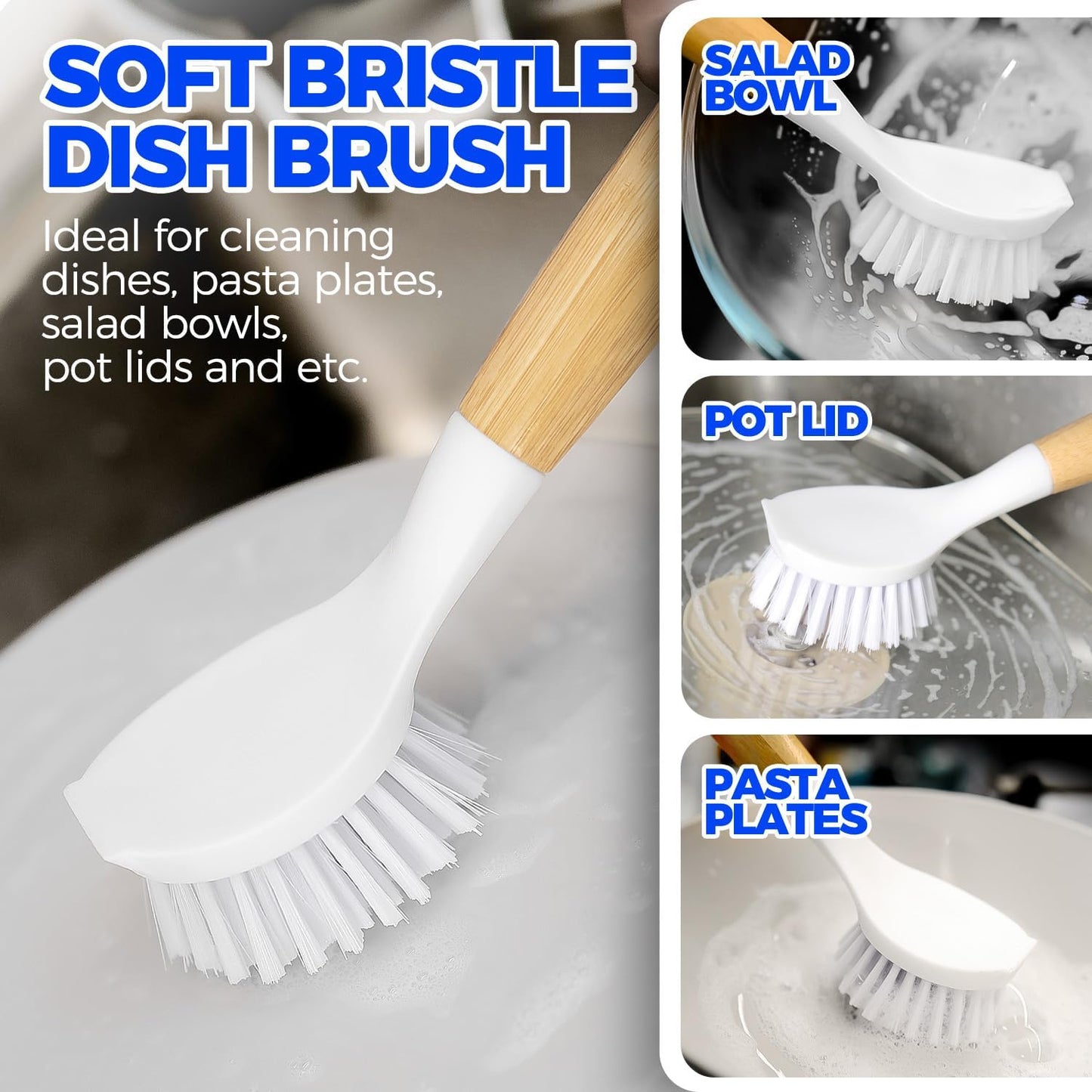 6 Pack Kitchen Brush Set & 3 Pack Bamboo Dish Brush Set
