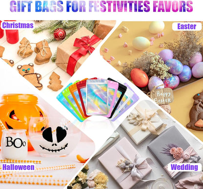 100 Pcs Mylar Bags, Resealable Holographic Bags, Sealable Packaging Bag for Small Business, Freshie Supplies, Candy Sample Jewelry Product Bag, Foil Pouch (3×3 Inch, Holographic)