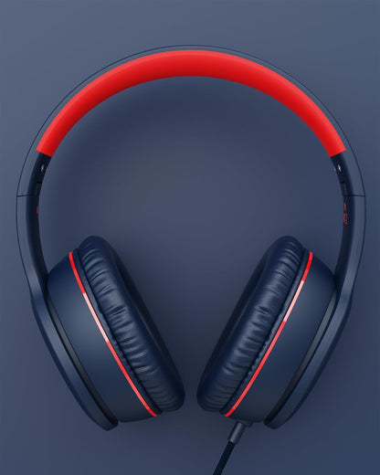 Wired Headphones with Microphone, K16 On-Ear Headphones for Kids with 3.5MM Jack, Foldable Stereo Bass Headphones for Teens School Amazon Kindle, Fire, Chromebook, Tablet(Dark Blue Red)