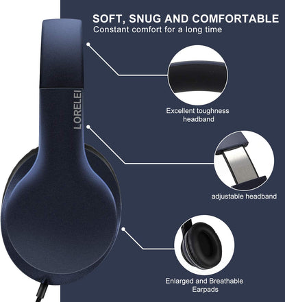 X6 Over-Ear Headphones with Microphone, Lightweight Foldable & Portable Stereo Bass Headphones with 1.45M No-Tangle, Wired Headphones for Smartphone Tablet MP3 / 4 (Dark Blue)