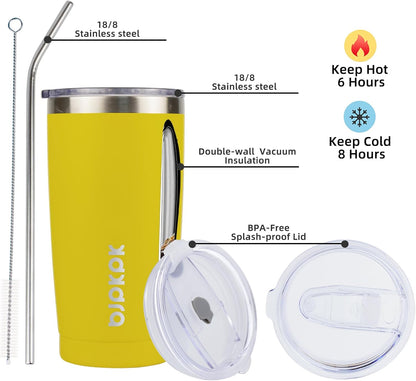 Yellow Stainless Steel Tumbler with Lid and Straw 20 Oz Insulated Tumblers Thermal Cup for Hot and Cold Drinks