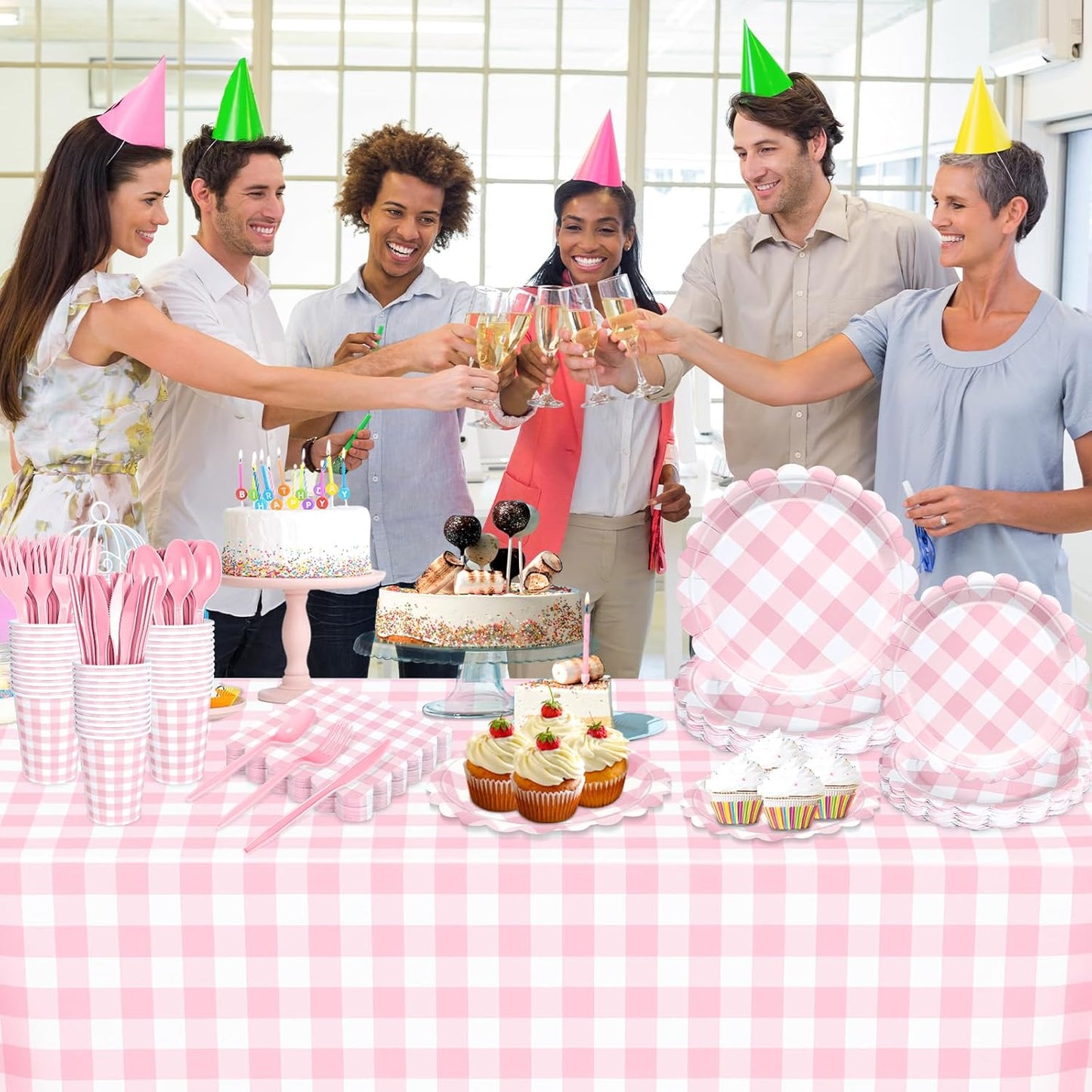 176 PCS Pink and White Gingham Plates and Napkins, Light Pink Checkered Disposable Plates Set with Napkins Cups Plastic Spoons Forks Knives for Birthday Baby Shower Wedding Supplies Serve 25 Guests