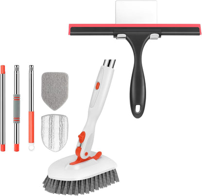 Floor Scrub Brush, 3-In-1 Tile Tub Floor Scrubber with 52-Inch Adjustable Long Handle & Shower Squeegee for Glass Doors Stainless Steel Squeegee for Shower Glass