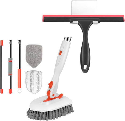 Floor Scrub Brush, 3-In-1 Tile Tub Floor Scrubber with 52-Inch Adjustable Long Handle & Shower Squeegee for Glass Doors Stainless Steel Squeegee for Shower Glass