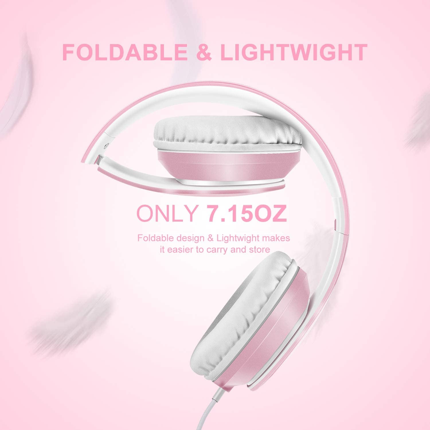X6 Over-Ear Headphones with Microphone, Lightweight Foldable & Portable Stereo Bass Headphones with 1.45M No-Tangle, Wired Headphones for Smartphone Tablet MP3 / 4 (Pearl Pink)