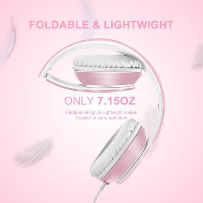 X6 Over-Ear Headphones with Microphone, Lightweight Foldable & Portable Stereo Bass Headphones with 1.45M No-Tangle, Wired Headphones for Smartphone Tablet MP3 / 4 (Pearl Pink)