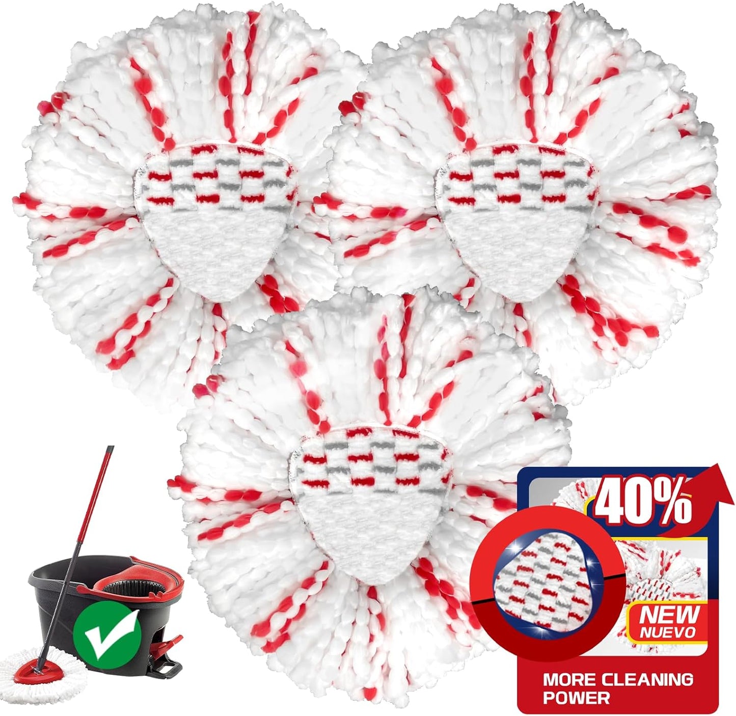 [2026 New Version] Mop Head Replacement - 40% More Cleaning Power，3 Pack Spin Mop Replacement Head for Easy Wring 1-Tank System, Easy Cleaning, Microfiber and Machine Washable