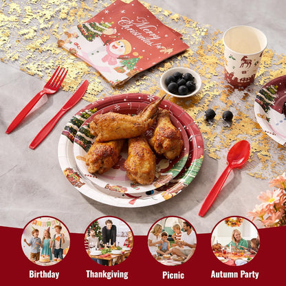 Christmas Paper Plates Set, 350 PCS Santa Gifts and Snowman Party Supplies, Disposable Dinnerware Set for 50 Guests, Paper Plates Napkins Cups for Christmas Eve