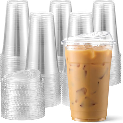 100 Pack - Clear 16 Oz Plastic Cups with Lids, Disposable Iced Coffee Cups with Lids for Party Drinks, Bubble Tea and Cold Beverage, BPA Free & Food Safe