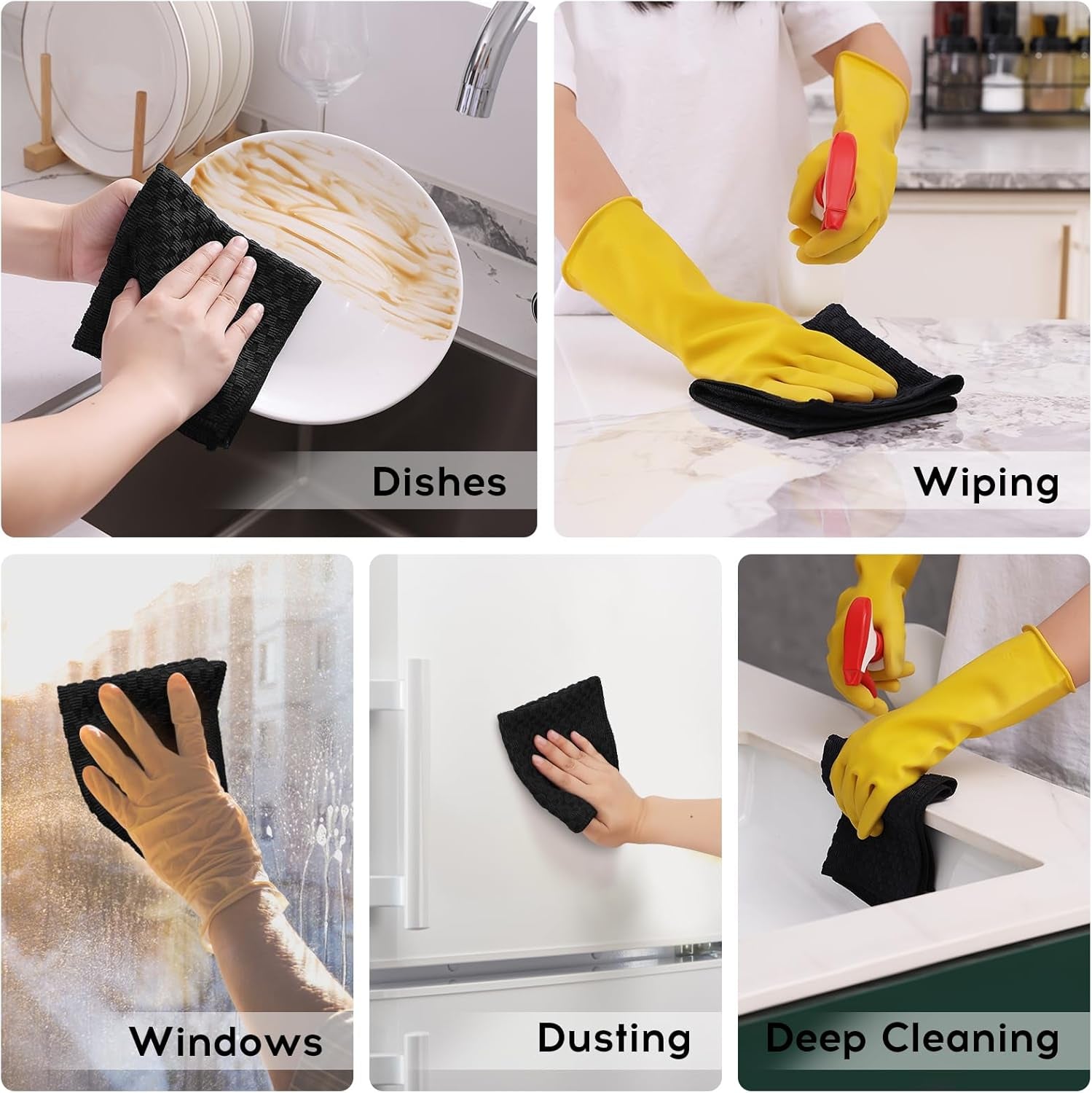 Microfiber Cleaning Cloth, 12 Pack Soft and No Lint Microfiber Towels Cleaning Supplies, Absorbent Fast Drying Cleaning Rags for Housekeeping, Kitchen, Window, 12 X12 Inches, Black