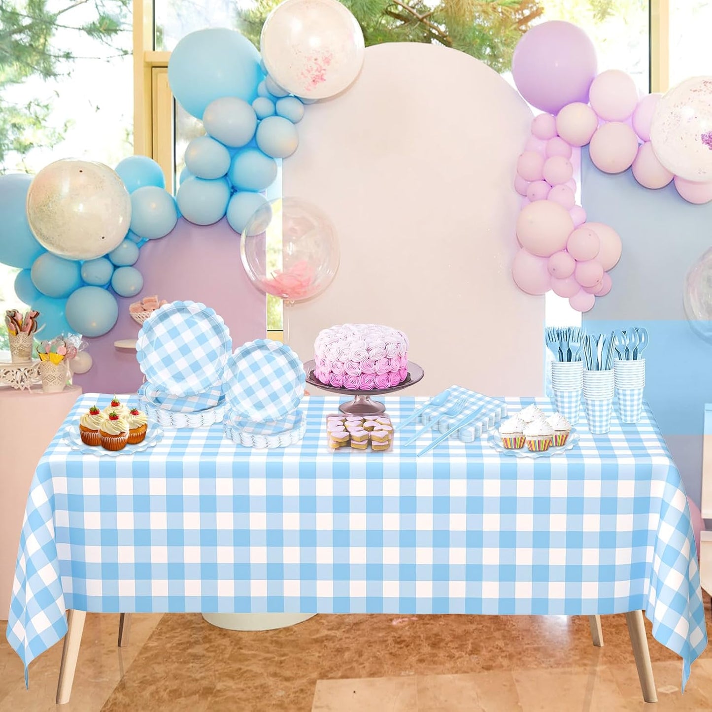 Blue Gingham Scalloped Plates and Napkins Party Supplies, Blue and White Checkered Plates Sets Serve 25 Guests, 175 Pcs Gingham Paper Plate for Birthday Dinner Wedding Baby Shower Party Decorations