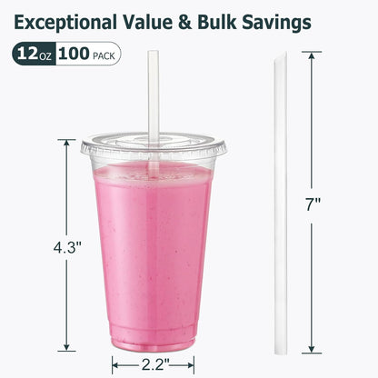 [100 Sets 12 Oz Clear Plastic Cups with Lids and Straws, Disposable Cups with Lids for Iced Coffee, Smoothie, Milkshake and Cold Drinks.