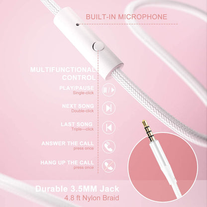 X8 Over-Ear Wired Headphones with Microphone with 1.45M-Tangle-Free Nylon Line&3.5Mm Plug,Lightweight Foldable & Portable Headphones for Smartphone,Tablet,Computer,Mp3/4（Pearl Pink）