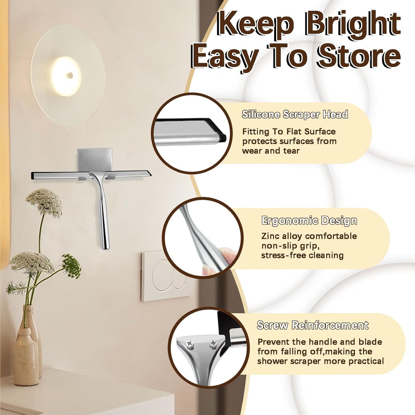 Shower Squeegee for Glass Doors, Stainless Steel Squeegee for Shower Glass with Adhesive Hook, 10’’ Multi-Purpose Window Squeegee for Window Cleaning, Bathroom, Glass, Car Windows, Mirrors, Tiles