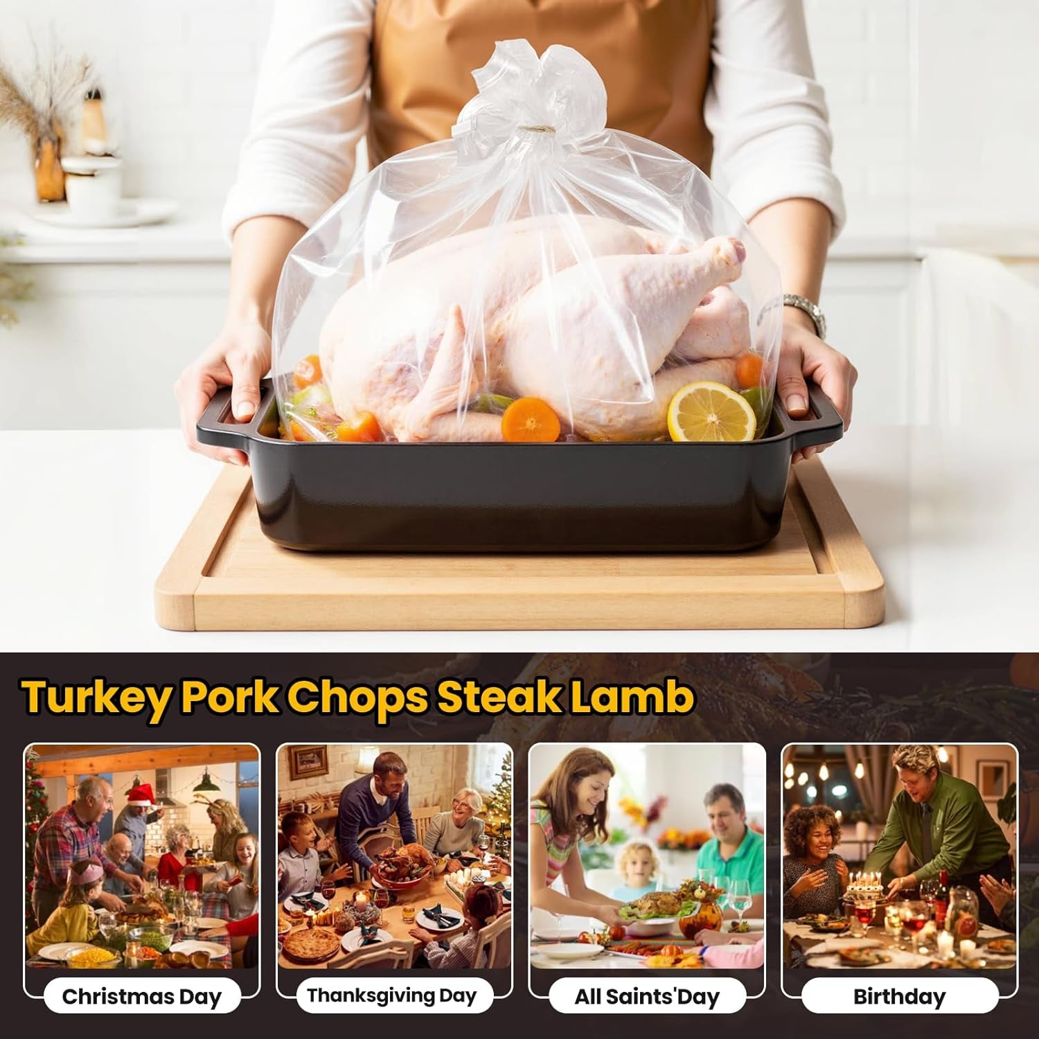 Turkey Brine Bags, Set of 2 Extra Large Brine Bag Holds up 25Lb, 19"×23" Double Zipper Seal Thickened Turkey Bags, with Cotton Rope and Spice Yarn Cloth Bag