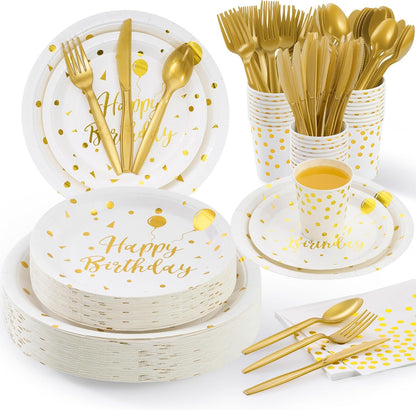Happy Birthday Paper Plates Set, 175 PCS Disposable Dinnerware Set for 25 Guests, White Gold Dot Paper Plates Napkins Cups Gold Plastic Forks Knives Spoons for Birthday Party Decor