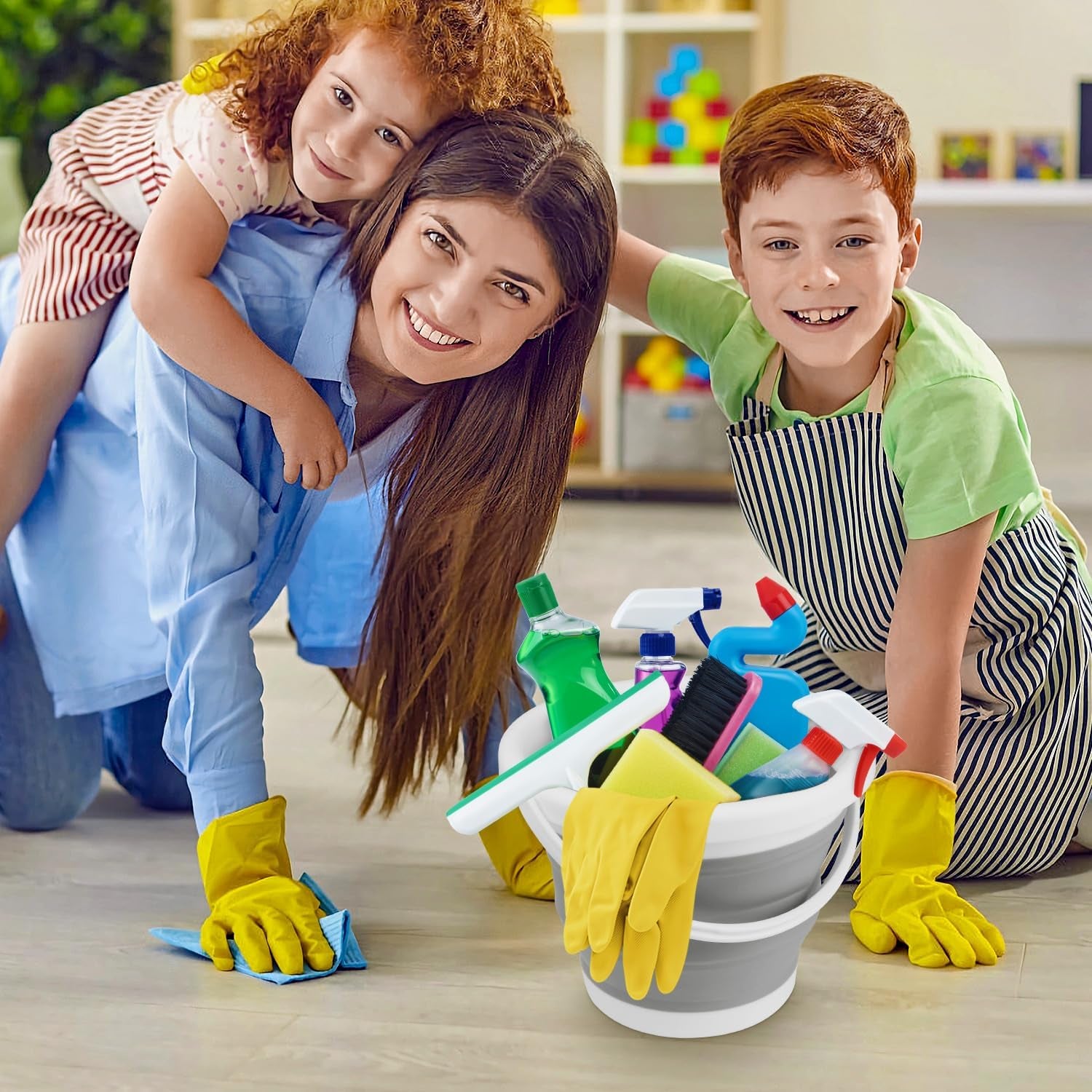 Collapsible Mop Bucket and Ice Bucket-5L(1.3 Gallon) Household Cleaning Silicone Dust Mops Bucket with No Wringer Set,Portable Bathroom Cleaning Supplies Bucket for Cleaning Caddy Spin Mops for Floor