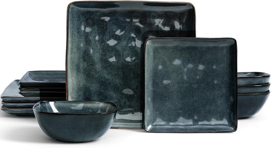 Dinnerware Sets for 4, Ocean Square 12-Piece Kitchen Plates and Bowls Sets, Reactive Glaze, Microwave and Dishwasher Safe, Scratch Resistant, Deep Forest