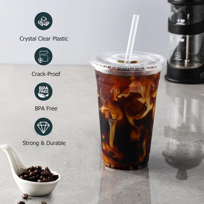 [100 Sets 12 Oz Clear Plastic Cups with Lids and Straws, Disposable Cups with Lids for Iced Coffee, Smoothie, Milkshake and Cold Drinks.