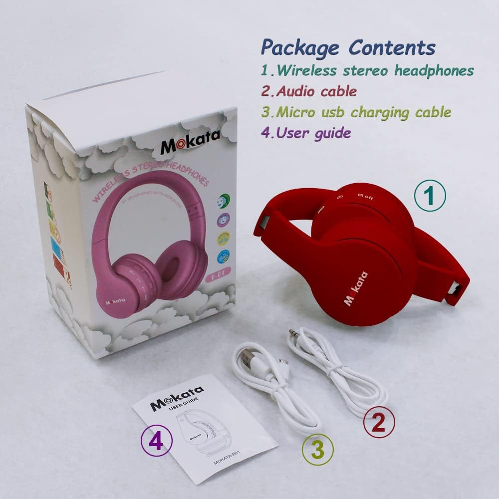 Headphones Kids Bluetooth 5.4 Wireless Play Time 68H Safe Volume Limit 85/94Db Over-Ear Foldable Headset,Fast Charging,With Aux Cord Built-In Mic for Toddler Child Pad Study Tablet Red