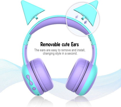 Kids Bluetooth Headphones, Portable Wireless Headset for Kids, Bluetooth 5.3, Over-Ear Cat Ear Toddler Headphones with Microphone, 85Db Volume Limited, AUX Cord,40 Hours Playtime(Purple)