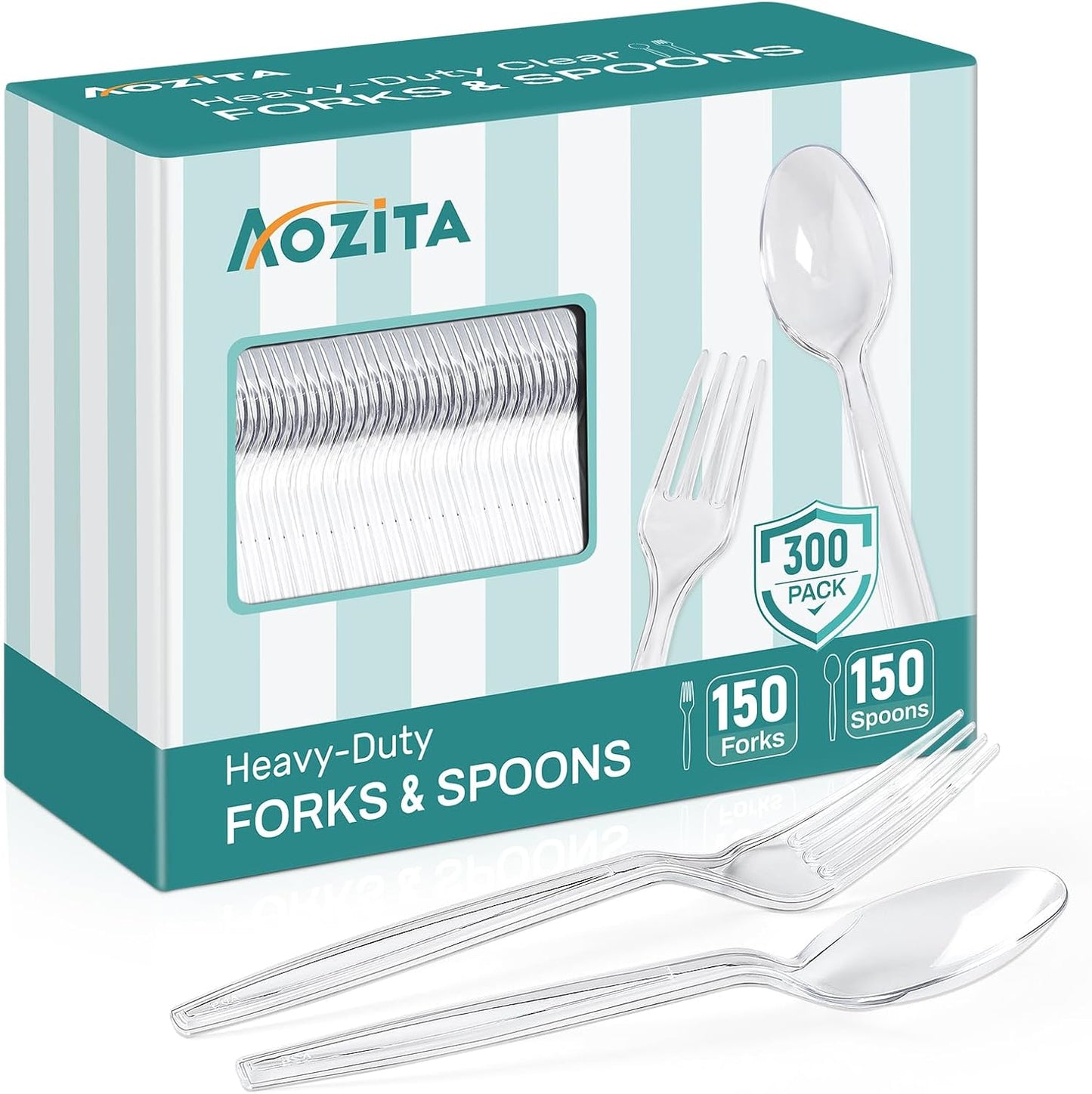 [300 Count] Plastic Silverware, Heavy Duty Plastic Forks Spoons Disposable Utensils Cutlery Set for Wedding Party Supplies Everyday Use - Clear