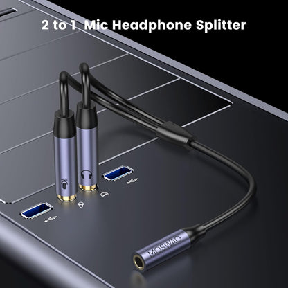 Headphone Splitter for Computer, 3.5Mm Female to 2 Dual 3.5Mm Male Cable for PC Gaming, Headphone Mic Splitter for PC 24K Gold-Plated with Noise Cancellation for Laptop/Speakers/Mic