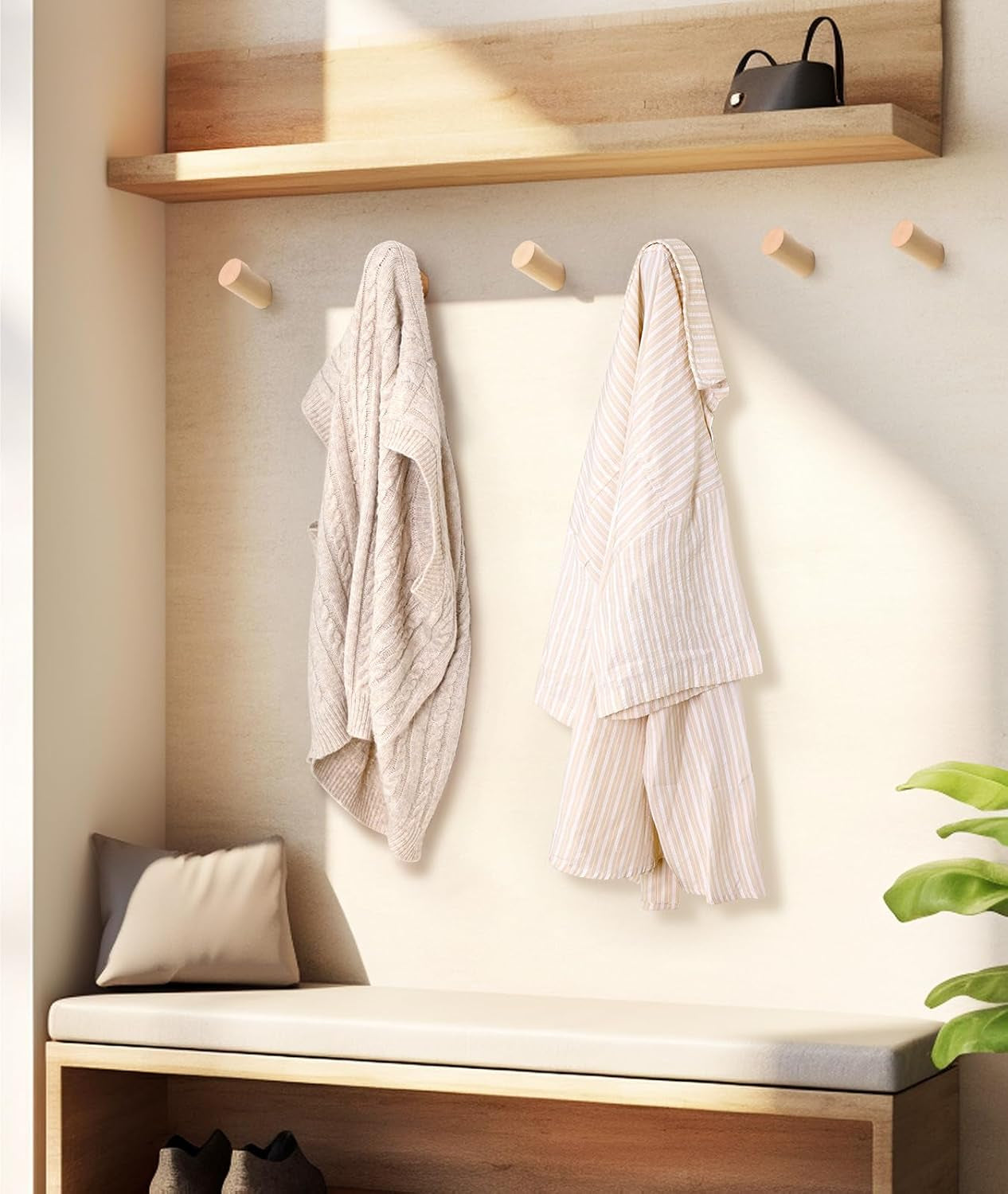 Wood Wall Hooks for Hanging, 4 Pack Hat Hook for Walls, Coat Hook Wall Mount, Backpack Hooks for Walls, Bathroom Towel Hanger (Natural)