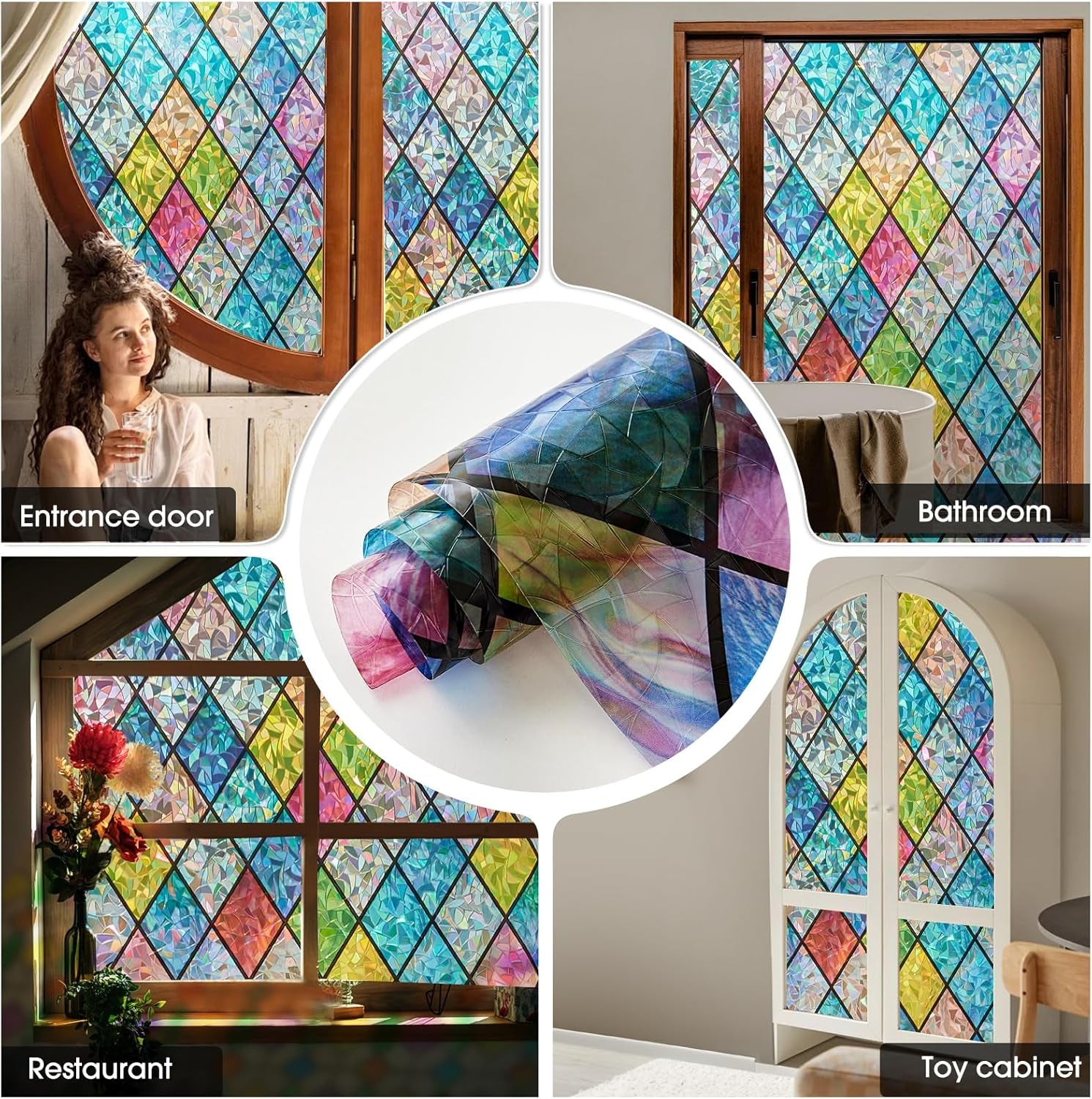 Window Privacy Film Stained Glass, Rainbow Window Film Decorative for Bathroom, Peel and Stick Window Cling Removable(Lattice,17.7 X 78.7 Inches)