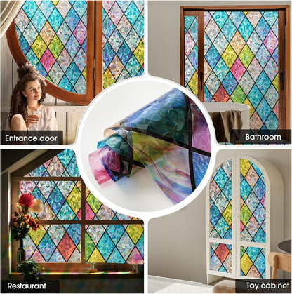 Window Privacy Film Stained Glass, Rainbow Window Film Decorative for Bathroom, Peel and Stick Window Cling Removable(Lattice,17.7 X 78.7 Inches)