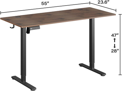 Height Adjustable Electric Standing Desk, 55 X 24 Inches Ergonomic Stand up Table, Sit Stand Home Office Desk with Splice Board, Black Frame/Rustic Brown Top(Rustic Brown, 55 Inches)
