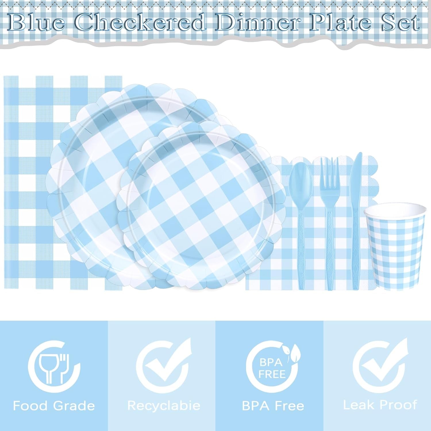 Blue Gingham Scalloped Plates and Napkins Party Supplies, Blue and White Checkered Plates Sets Serve 25 Guests, 175 Pcs Gingham Paper Plate for Birthday Dinner Wedding Baby Shower Party Decorations
