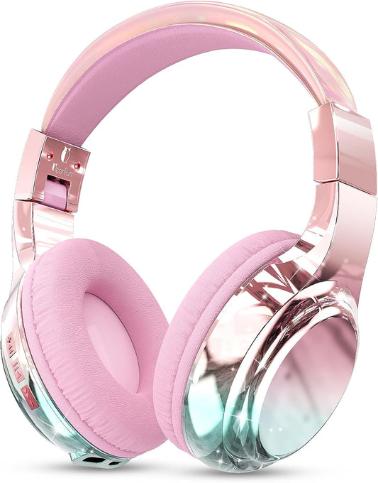 Kids Bluetooth 5.3 Headphones, Wireless Metallic Gradient Headset, Lightweight Foldable on Ear Headphones with Aux Cord, Fast Charging, Built-In Mic, for School/Travel/Tablet/Ipad